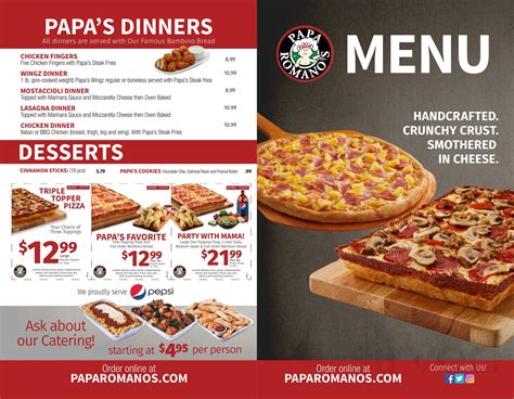 Papa romanoes - Papa Romano's. Browse a list of all products from Papa Romano's. What are Nutritionix Track app users eating from Papa Romano's? Popularity ; 1: Bosco Sticks, 1 Piece: 260 cal: 2: Appetizers, Ranch Dressing: 300 cal: 3: Greek Salad, Medium: 270 cal: 4: Lasgana Dinner: 1060 cal: 5: Steak and Cheese Sub, 12 Inch: